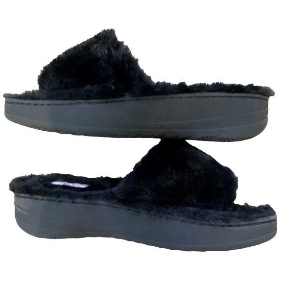 Easy Spirit Slippers Black Furry Slides Open Toe Rubber Sole Size 7.5 Wide - Picture 2 of 4